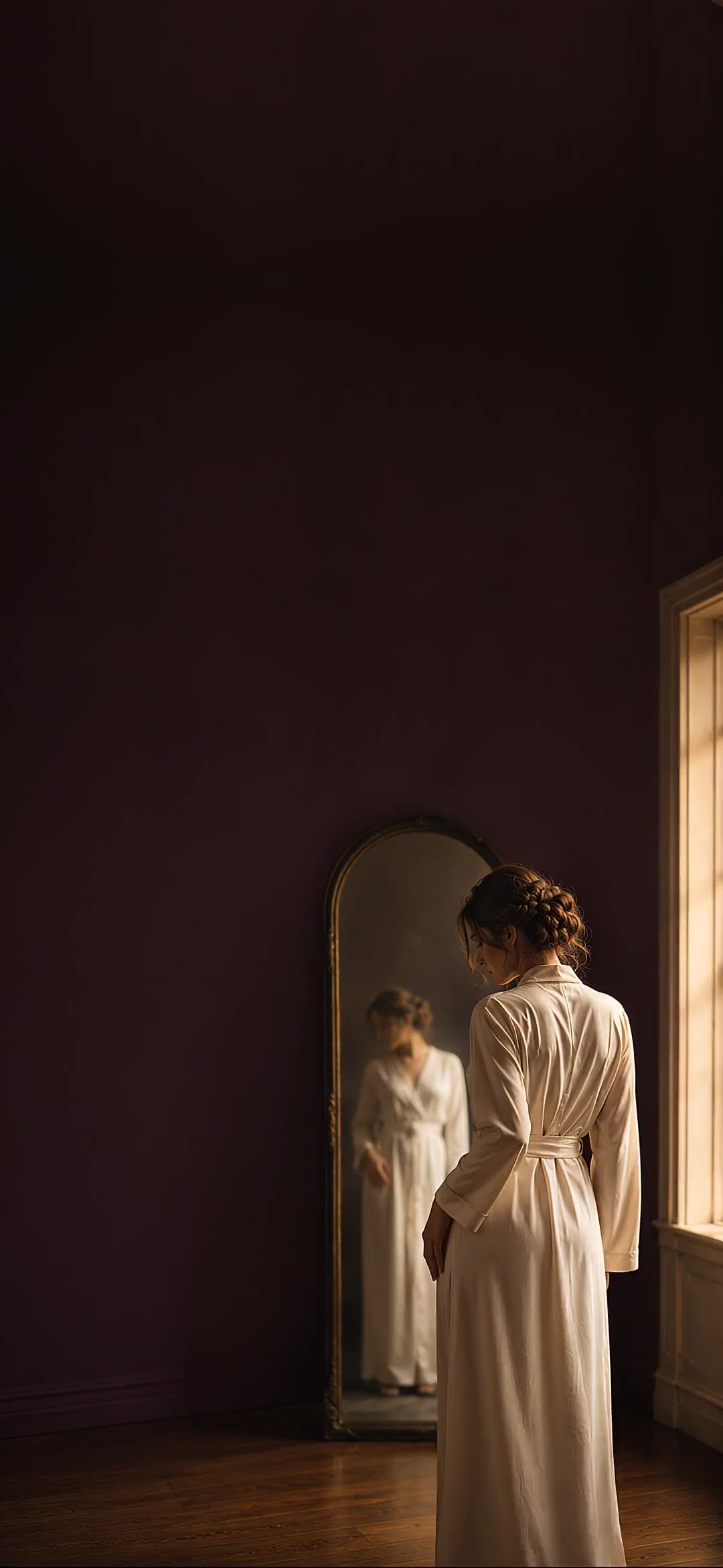 Belíssima treatment room at dawn: a massage bed with white linens in a plum-dark room, warm light glowing through a sheer curtain